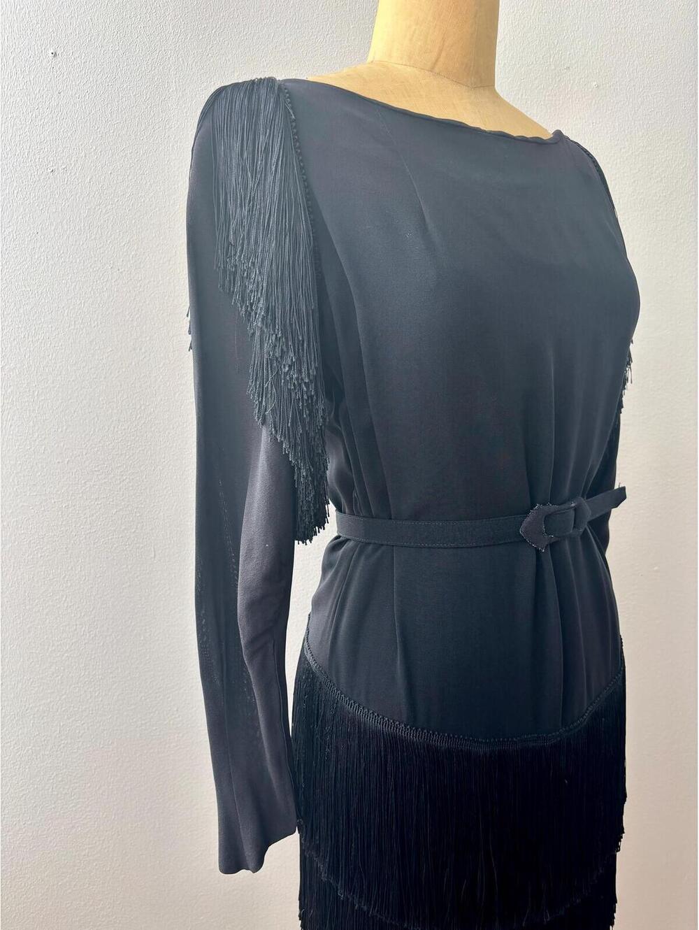 Vintage 1940s Black Belted Fringe Cocktail Dress - Picture 5 of 8